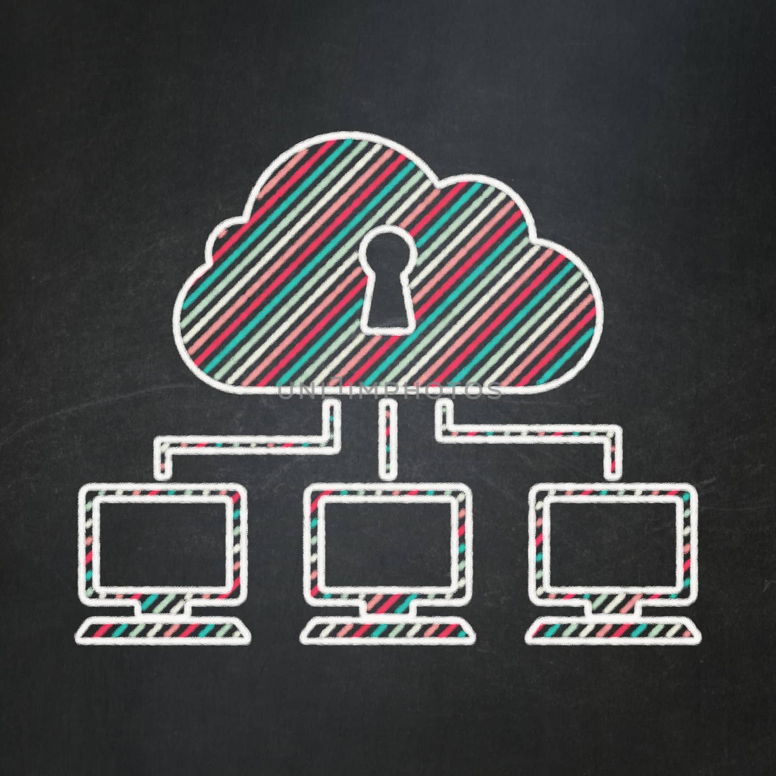 Cloud computing concept: Cloud Network icon on Black chalkboard background, 3d render