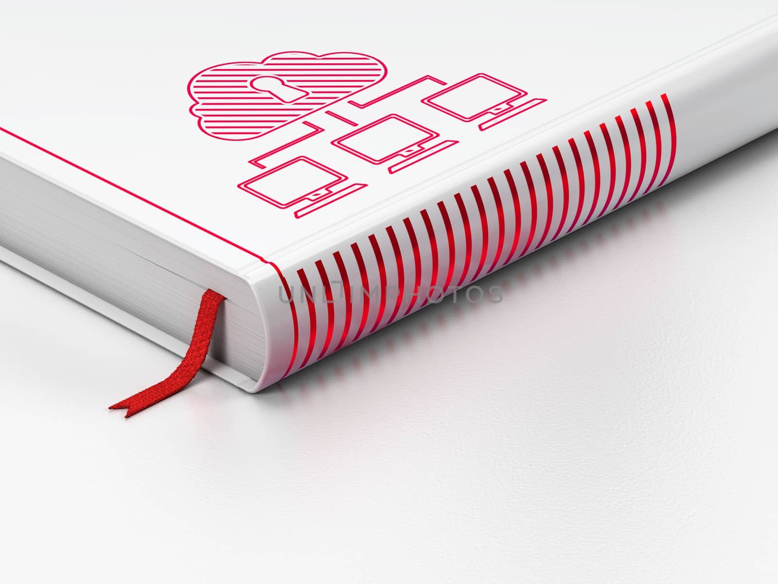 Security concept: closed book with Red Cloud Network icon on floor, white background, 3d render