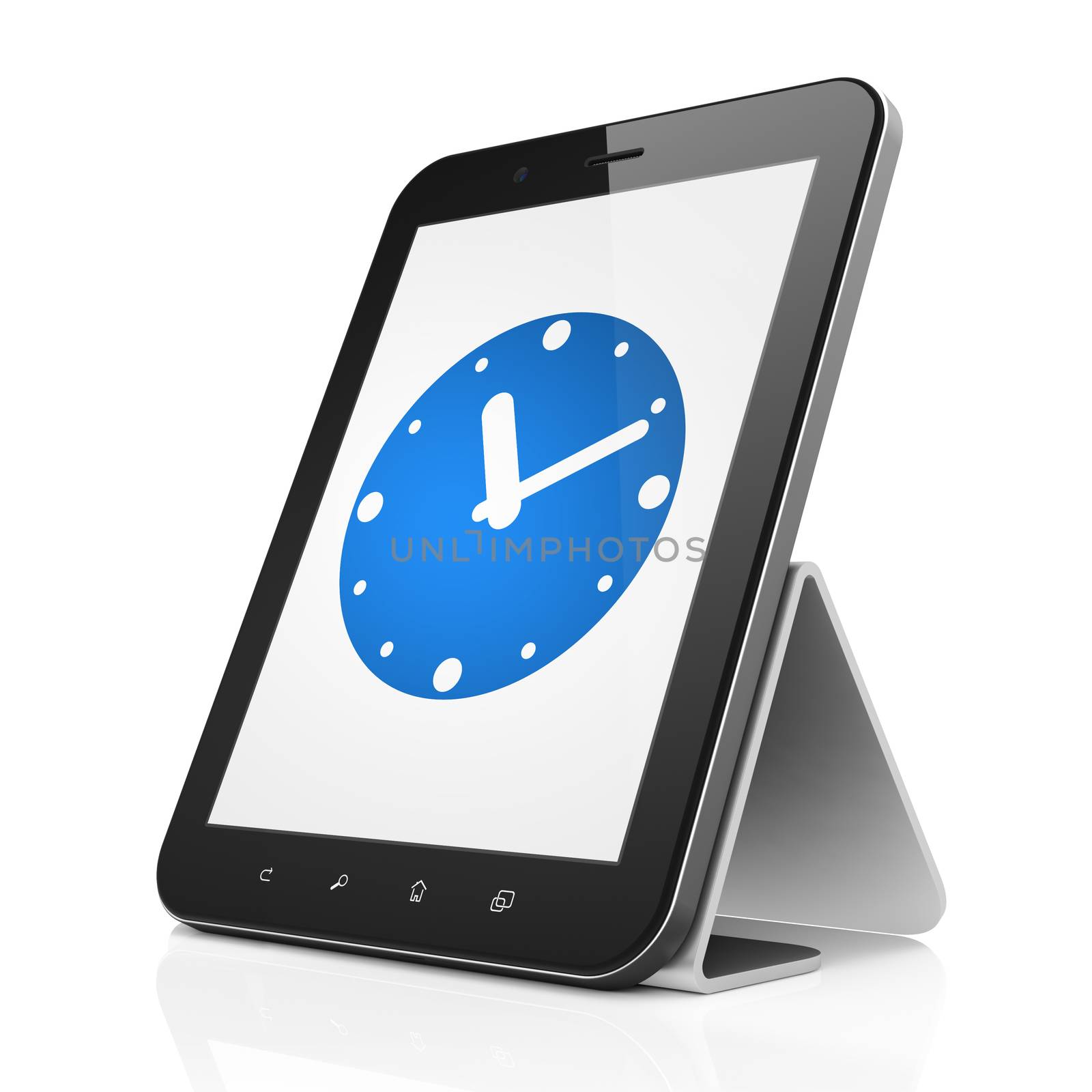 Time concept: black tablet pc computer with Clock icon on display. Modern portable touch pad on White background, 3d render