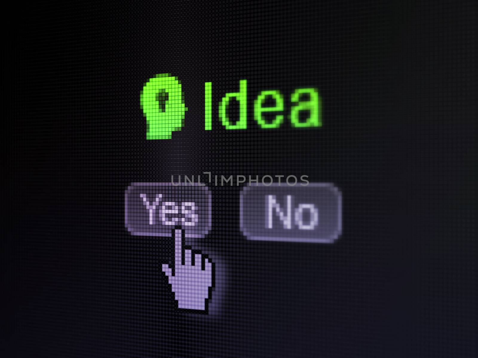 Marketing concept: buttons yes and no with pixelated Head With Light Bulb icon, word Idea and Hand cursor on digital computer screen, selected focus 3d render