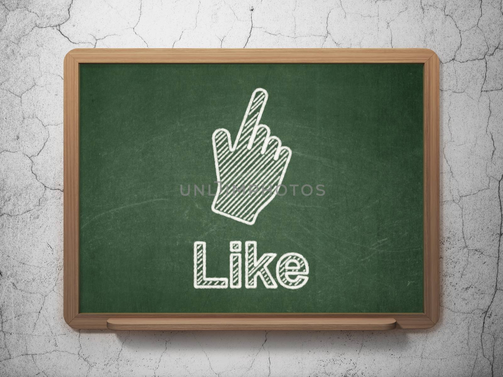 Social network concept: Mouse Cursor icon and text Like on Green chalkboard on grunge wall background, 3d render
