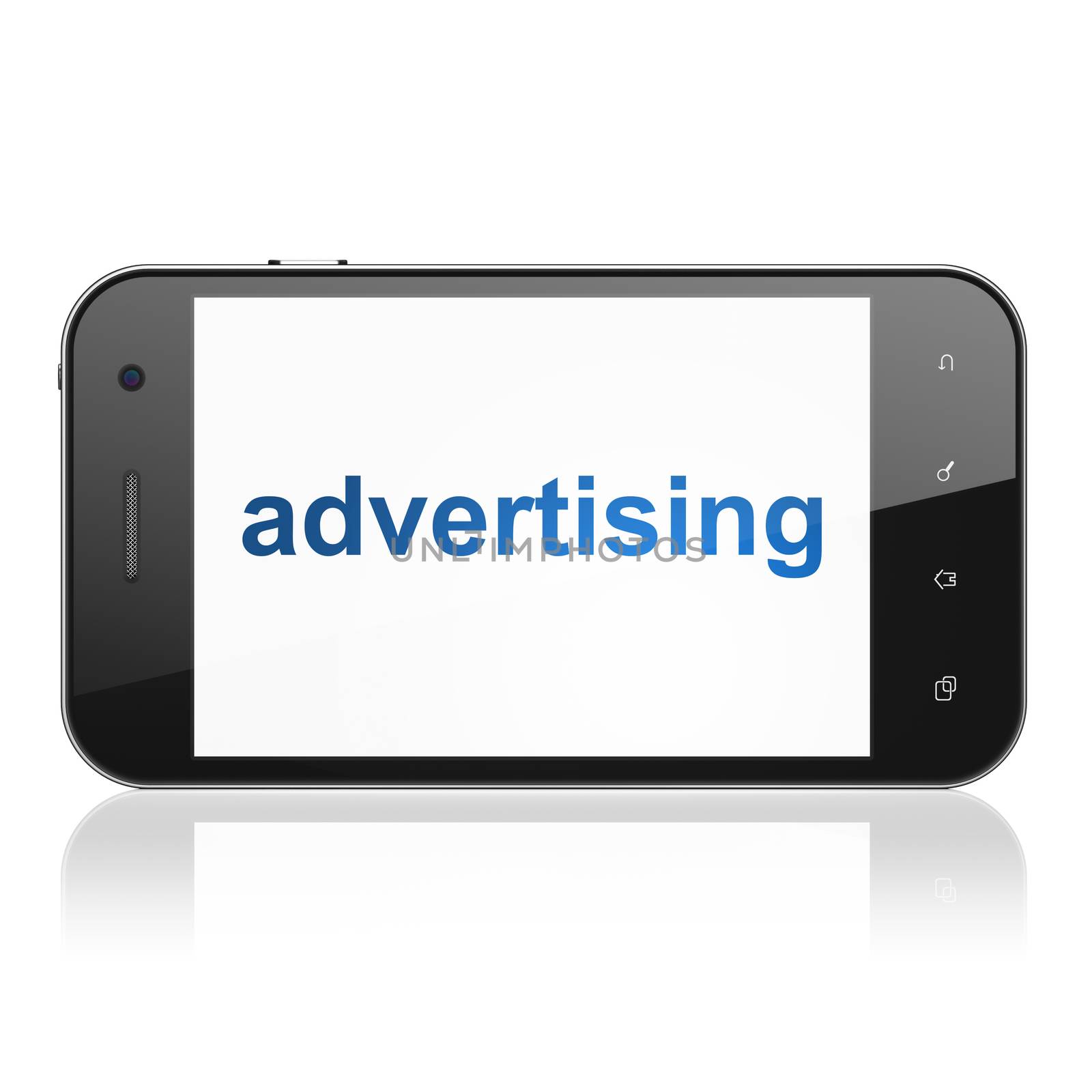 Marketing concept: smartphone with text Advertising on display. Mobile smart phone on White background, cell phone 3d render