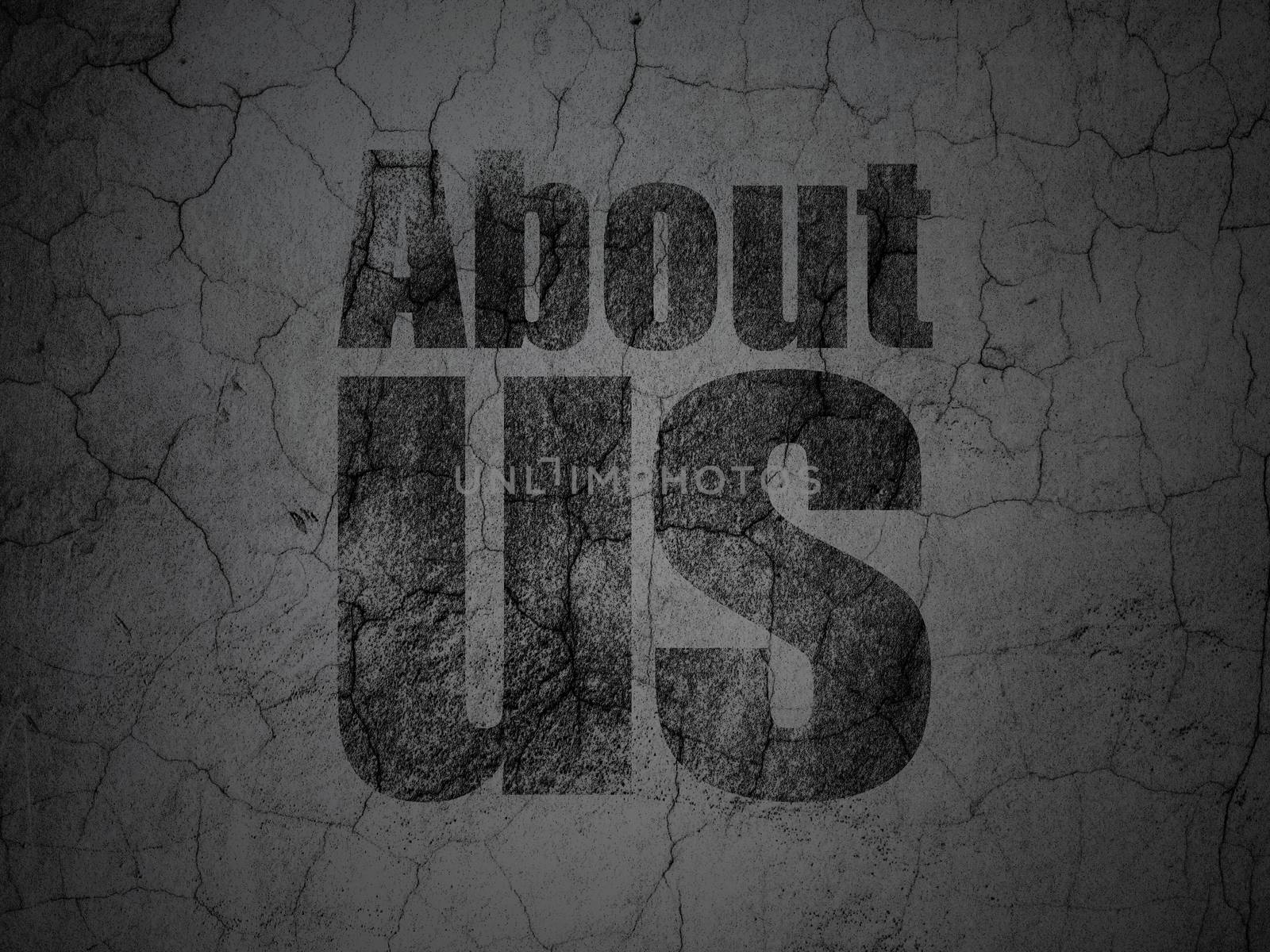 Marketing concept: Black About Us on grunge textured concrete wall background, 3d render
