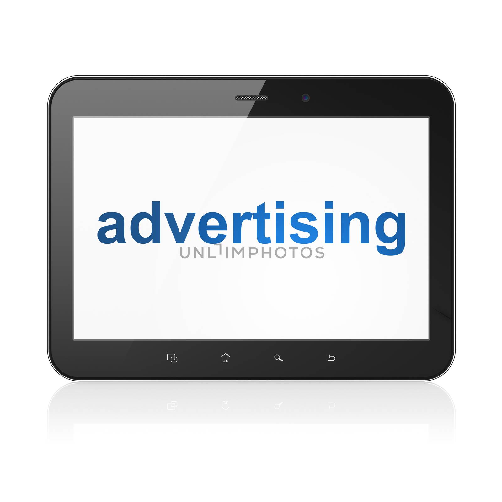 Advertising concept: black tablet pc computer with text Advertising on display. Modern portable touch pad on White background, 3d render
