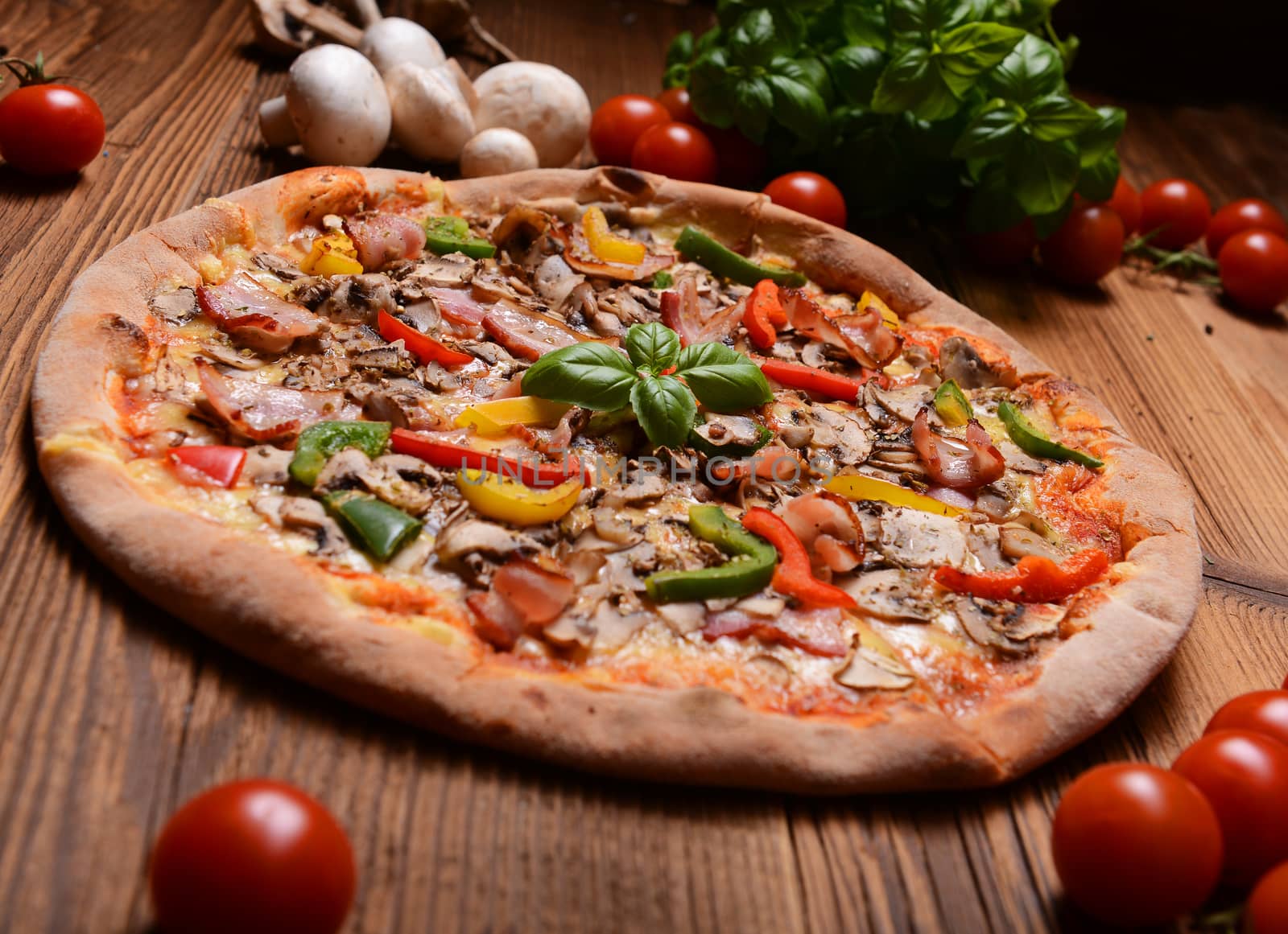 Tasty pizza with mushrooms and colorful pepper