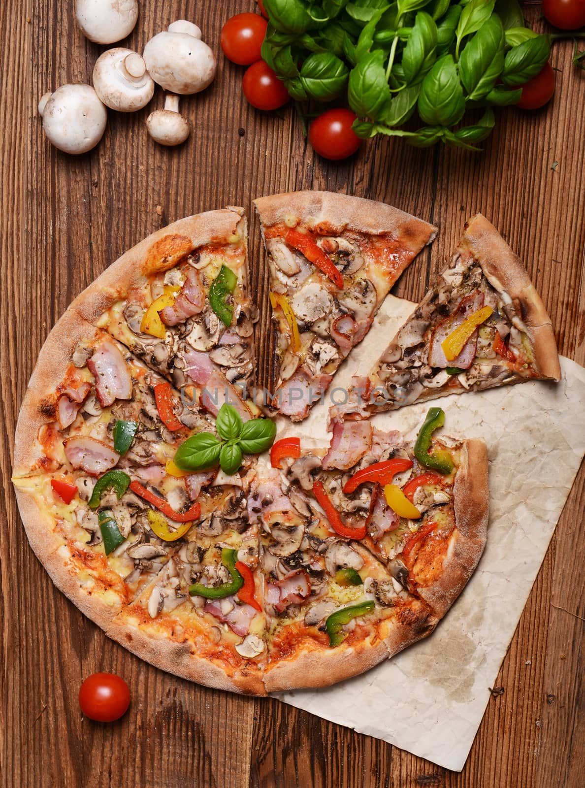 Tasty pizza with mushrooms and colorful pepper
