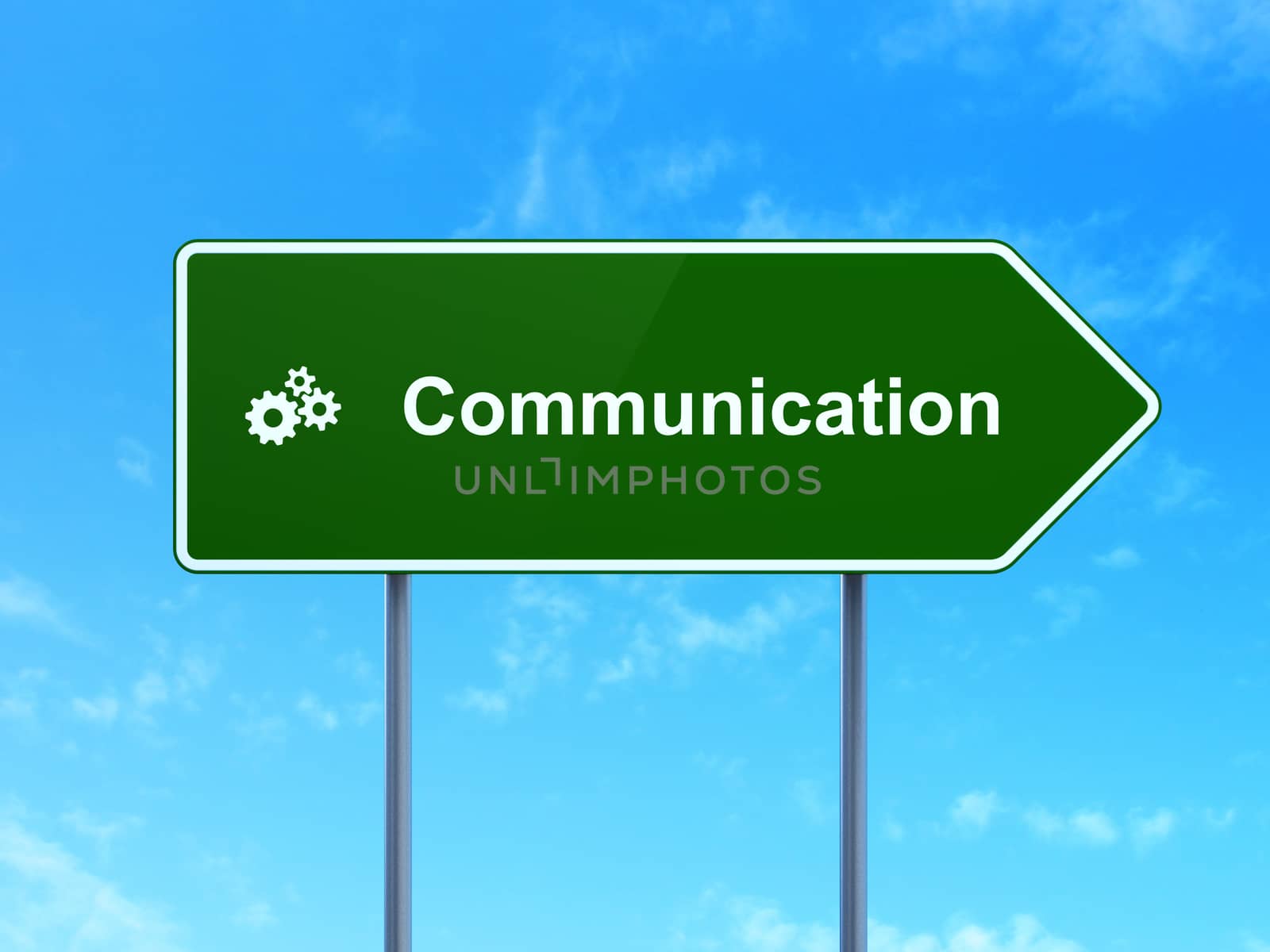 Marketing concept: Communication and Gears icon on green road (highway) sign, clear blue sky background, 3d render