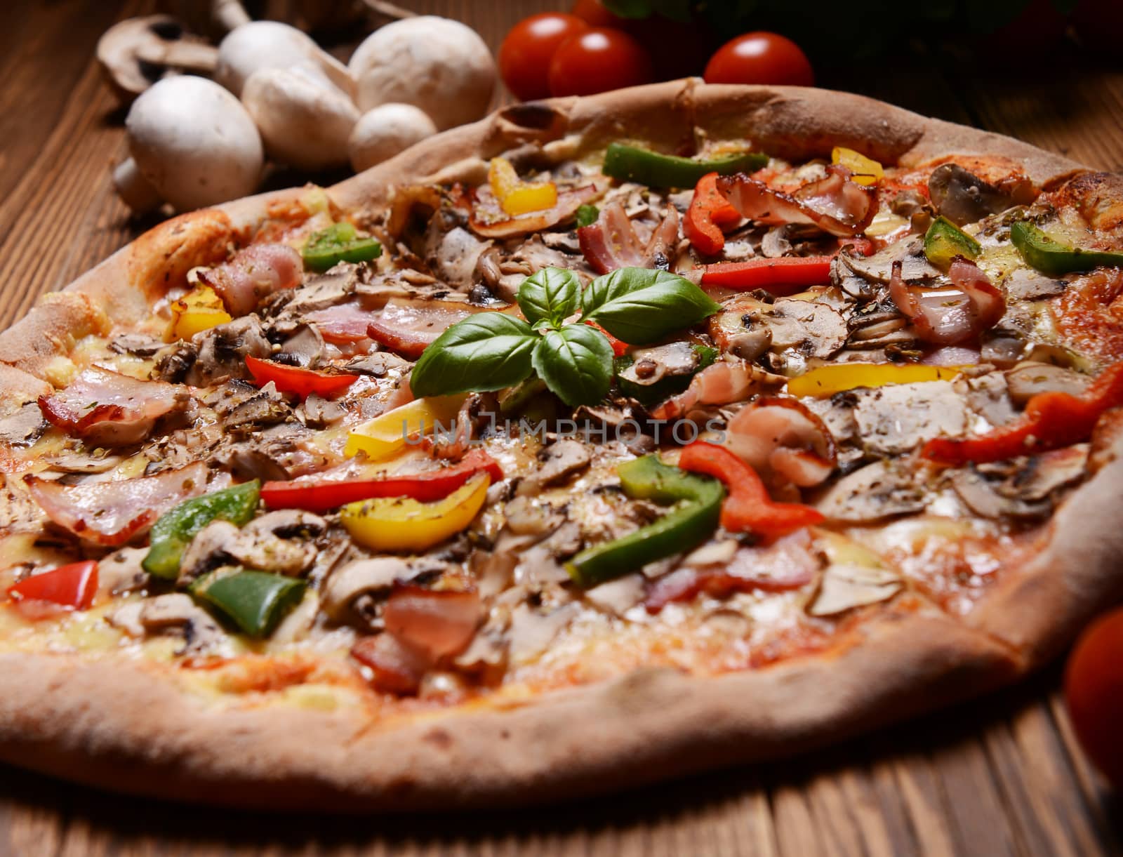 Tasty pizza with mushrooms and colorful pepper
