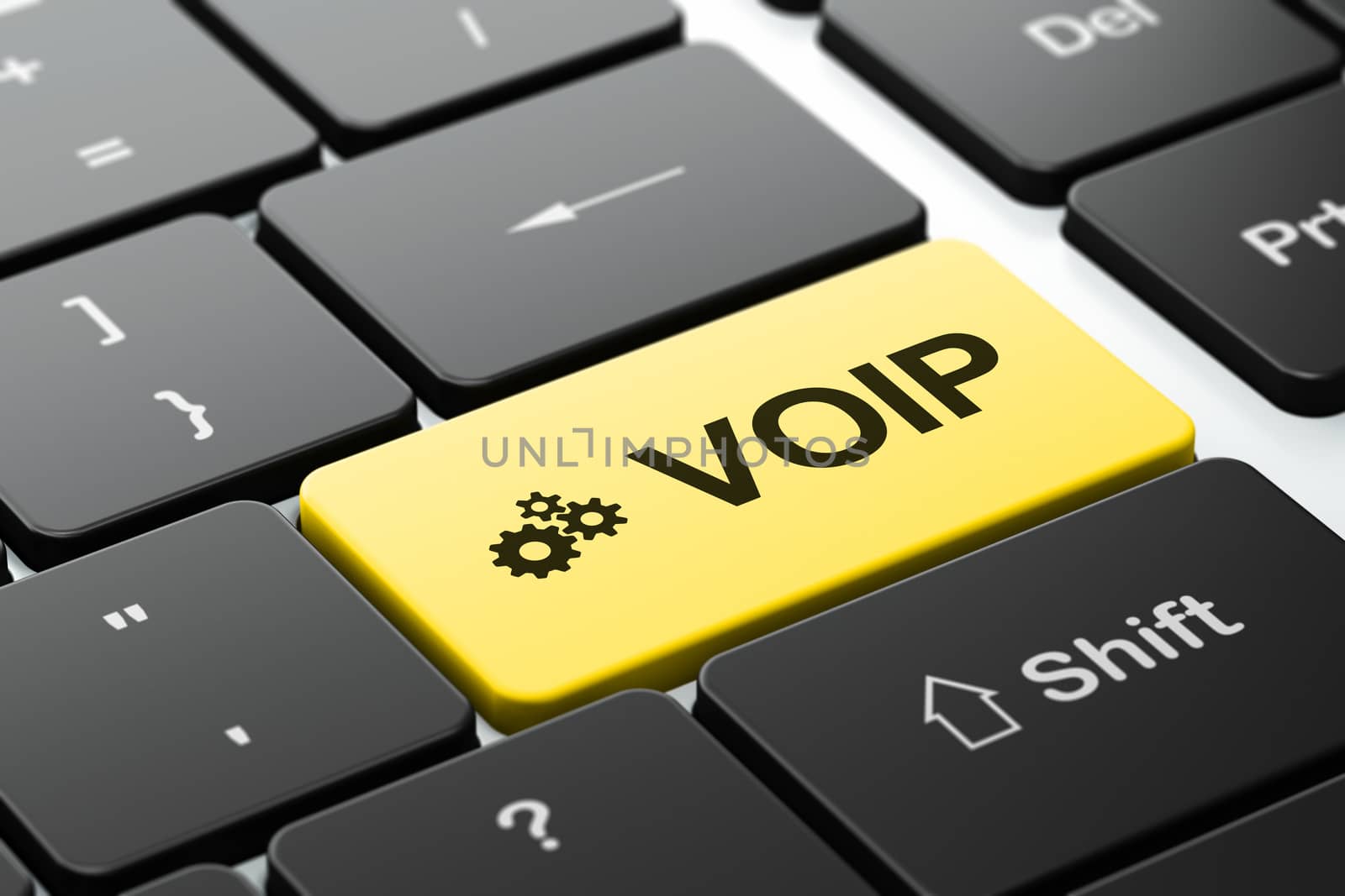 Web design concept: computer keyboard with Gears icon and word VOIP, selected focus on enter button, 3d render