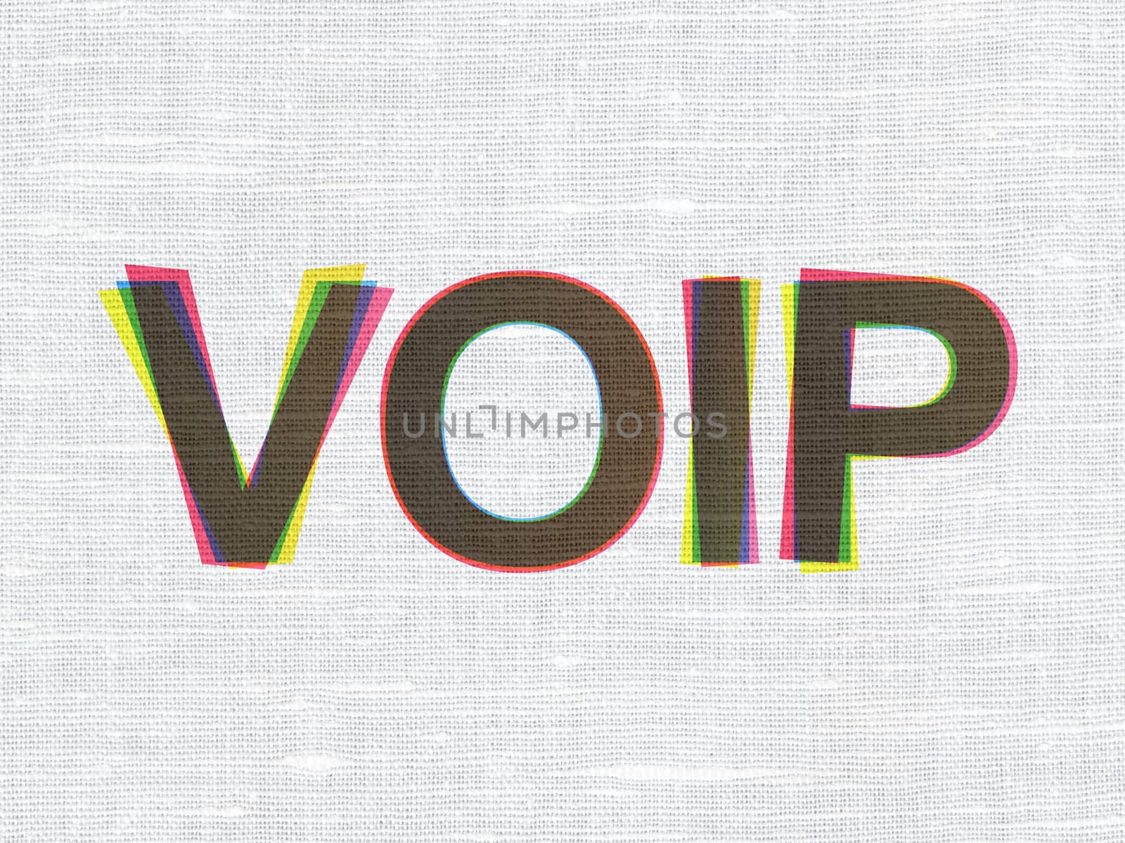 Web design concept: CMYK VOIP on linen fabric texture background, 3d render