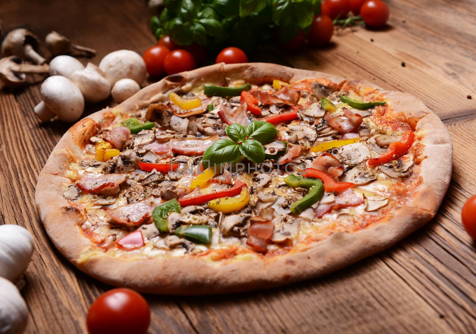 Tasty pizza with mushrooms and colorful pepper