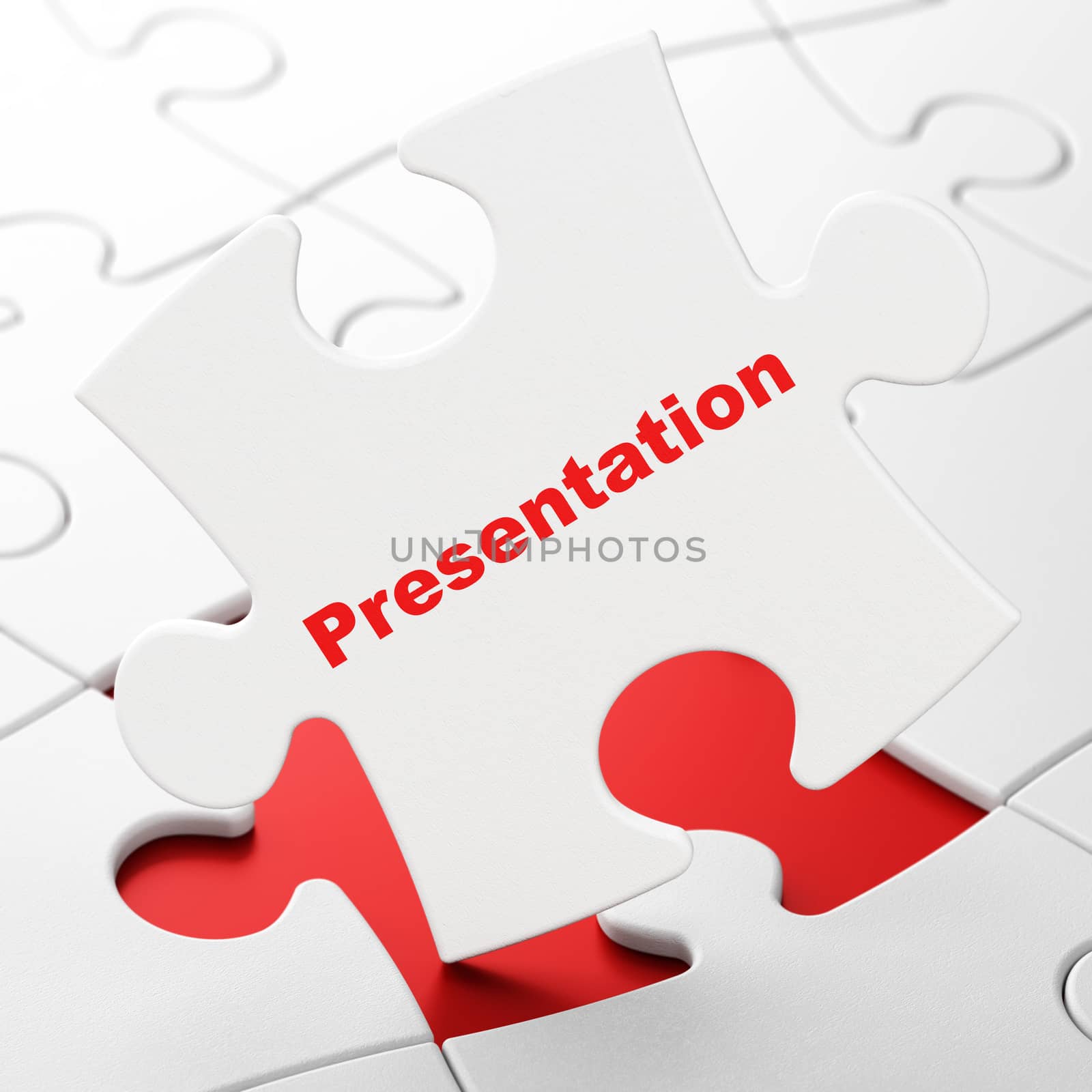 Advertising concept: Presentation on White puzzle pieces background, 3d render