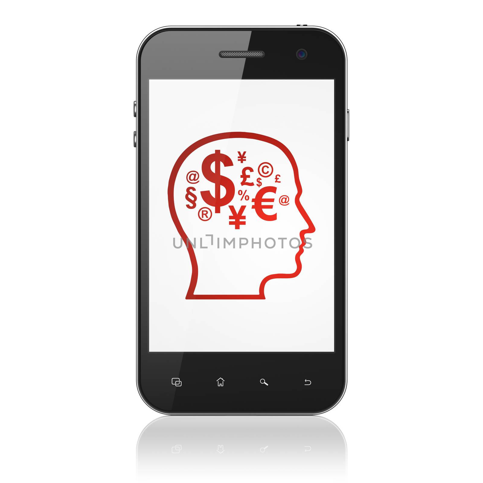 Finance concept: smartphone with Head With Finance Symbol icon on display. Mobile smart phone on White background, cell phone 3d render