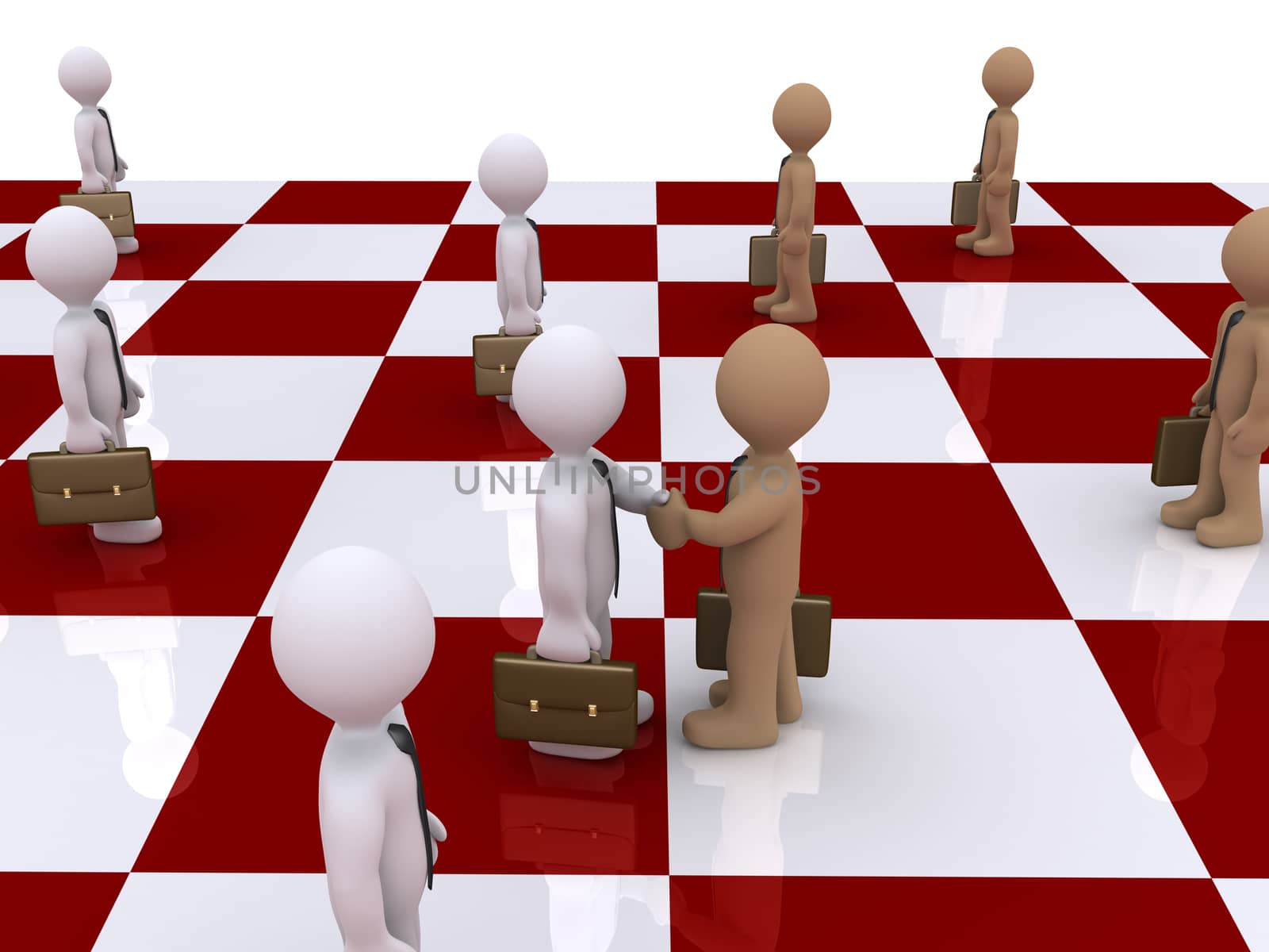 3d businessmen standing on a chess board and two of them shake hands