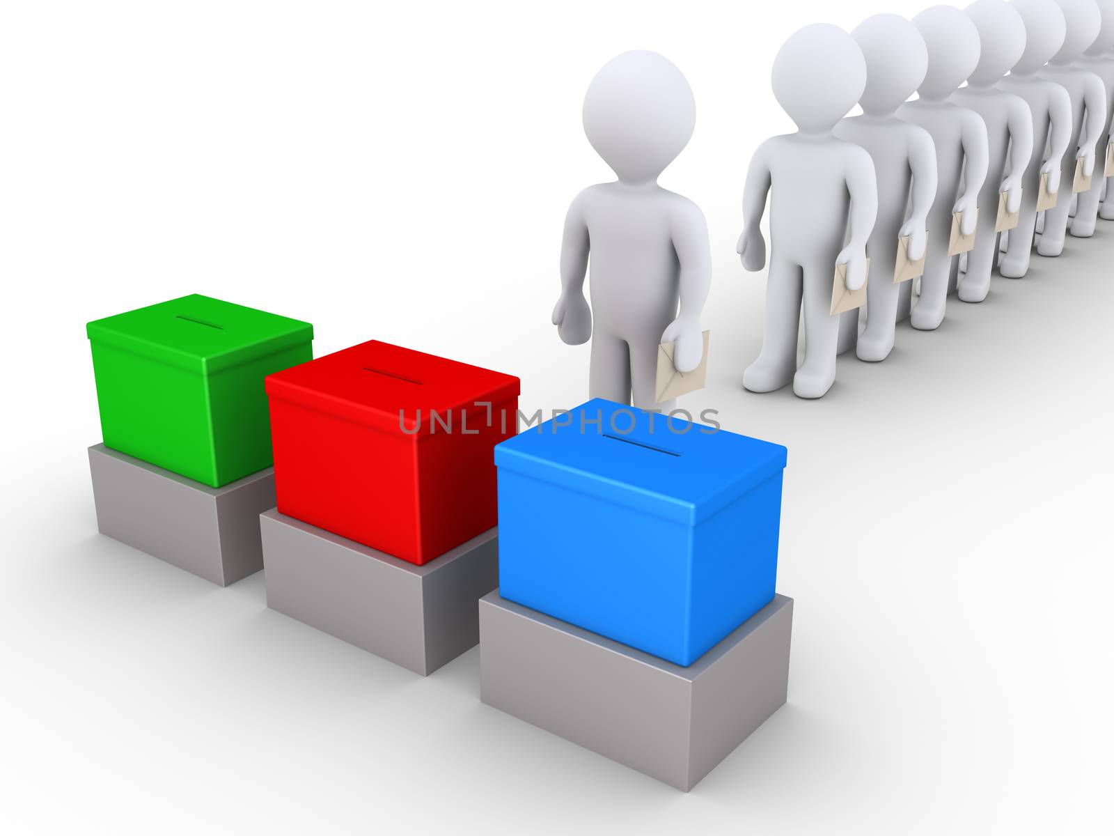 3d people in a row are standing before three ballot boxes