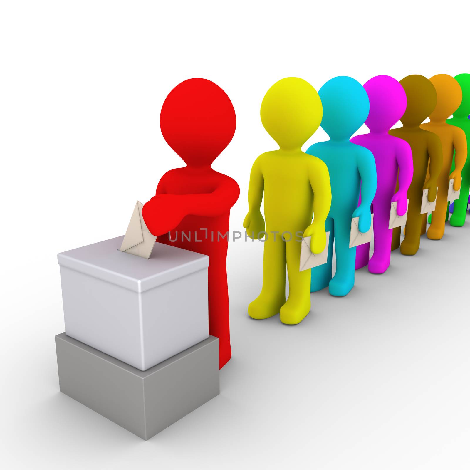 3d people in a row are holding envelopes for a vote