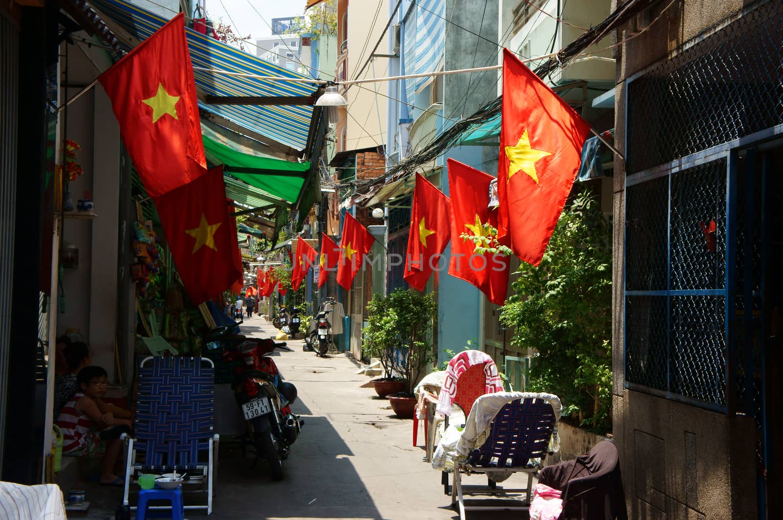 Vietnamese flag fly on holliday in city