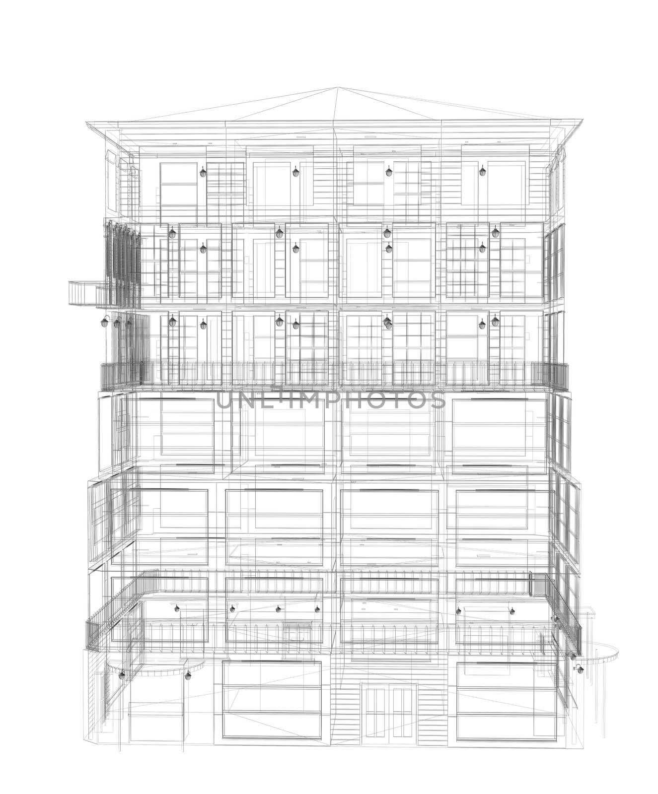 Highly detailed building. Wire-frame render by cherezoff