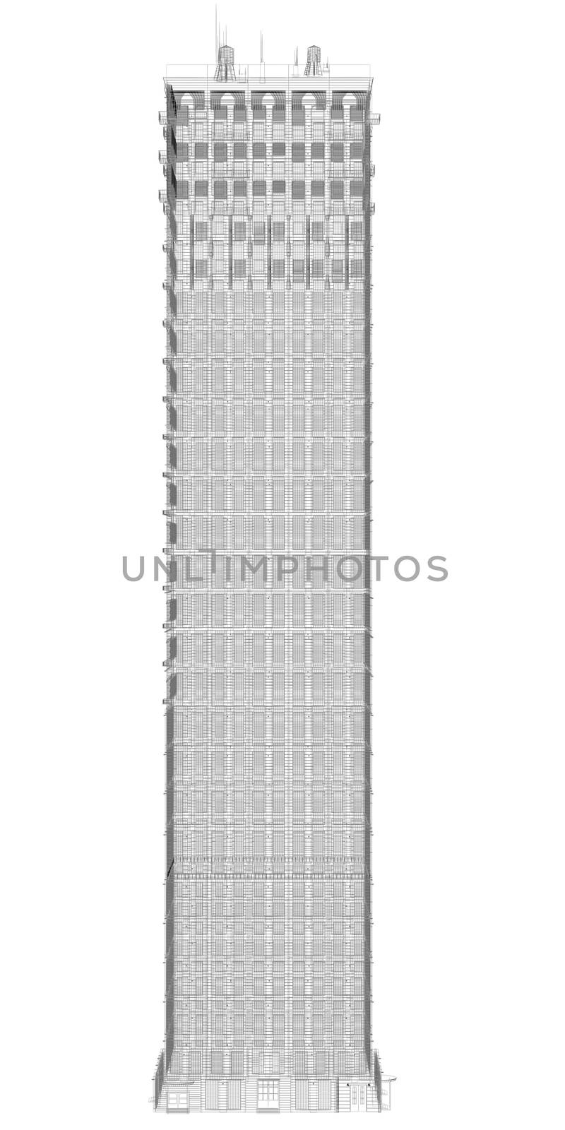 Highly detailed building. Isolated wire-frame render on a white background