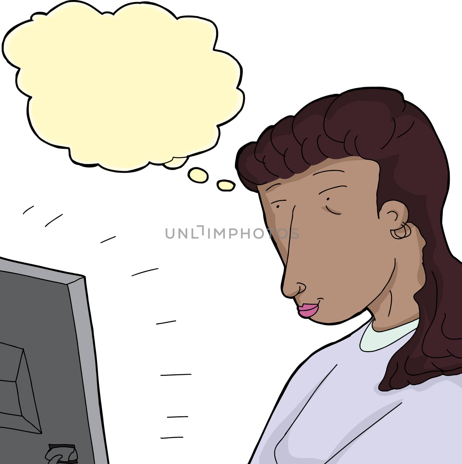 Woman looking at computer monitor with thought bubble