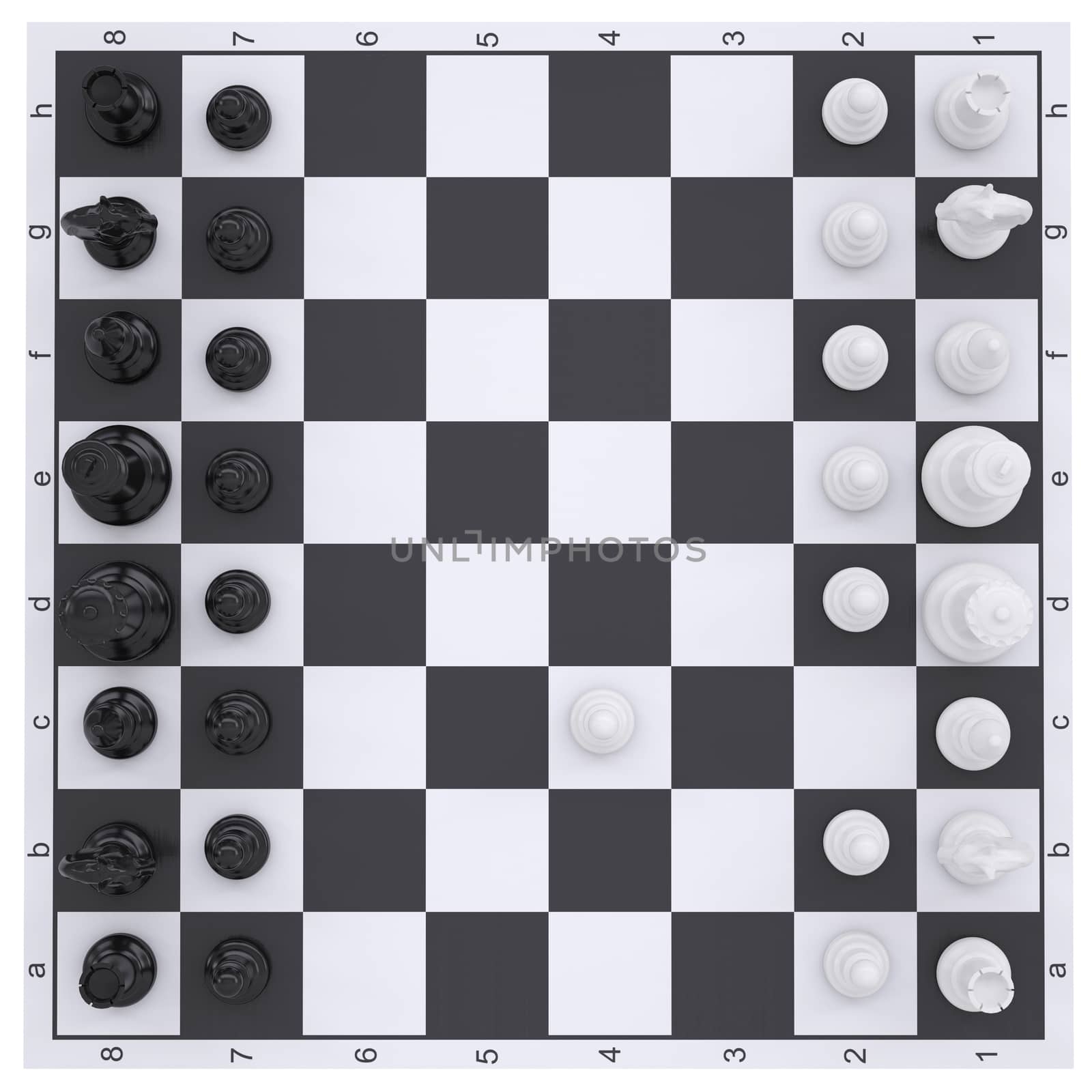 Chess on the chessboard. Render on white background