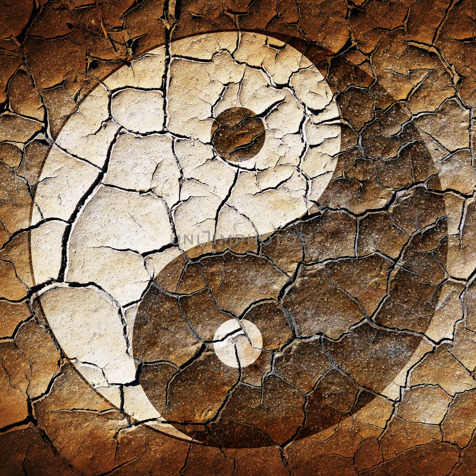 The Ying Yang sign painted on cracked earth 