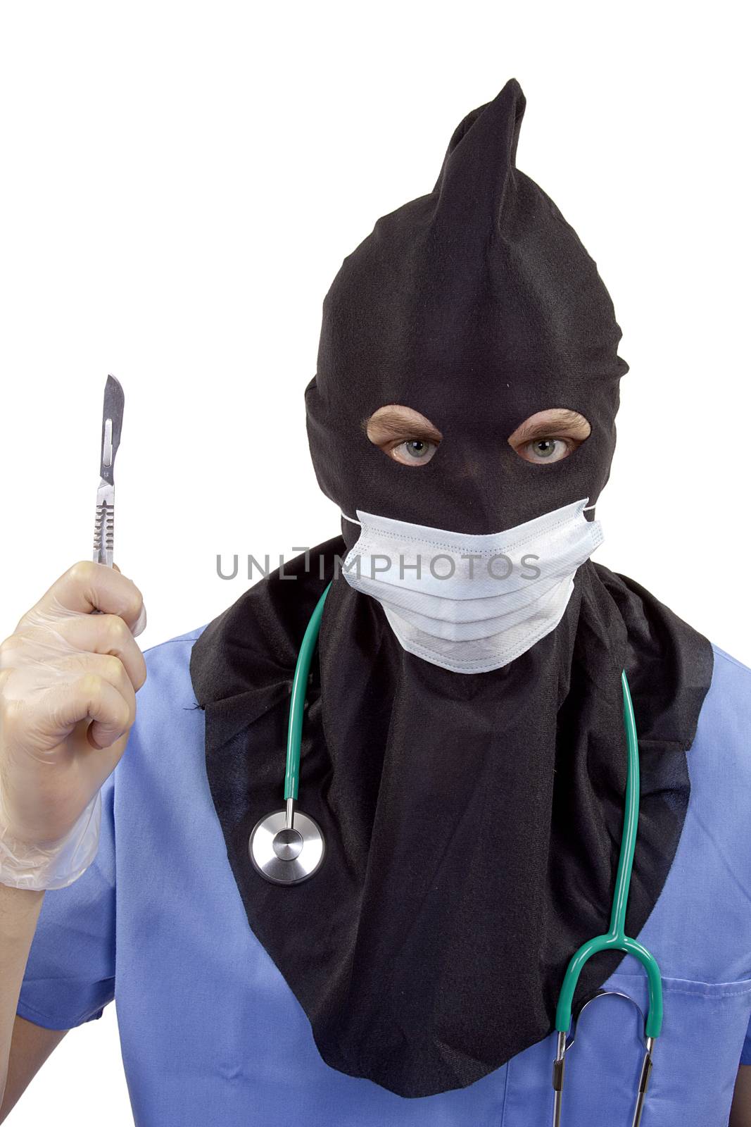 Creative on negligence in surgery. A doctor in a mask executioner.
