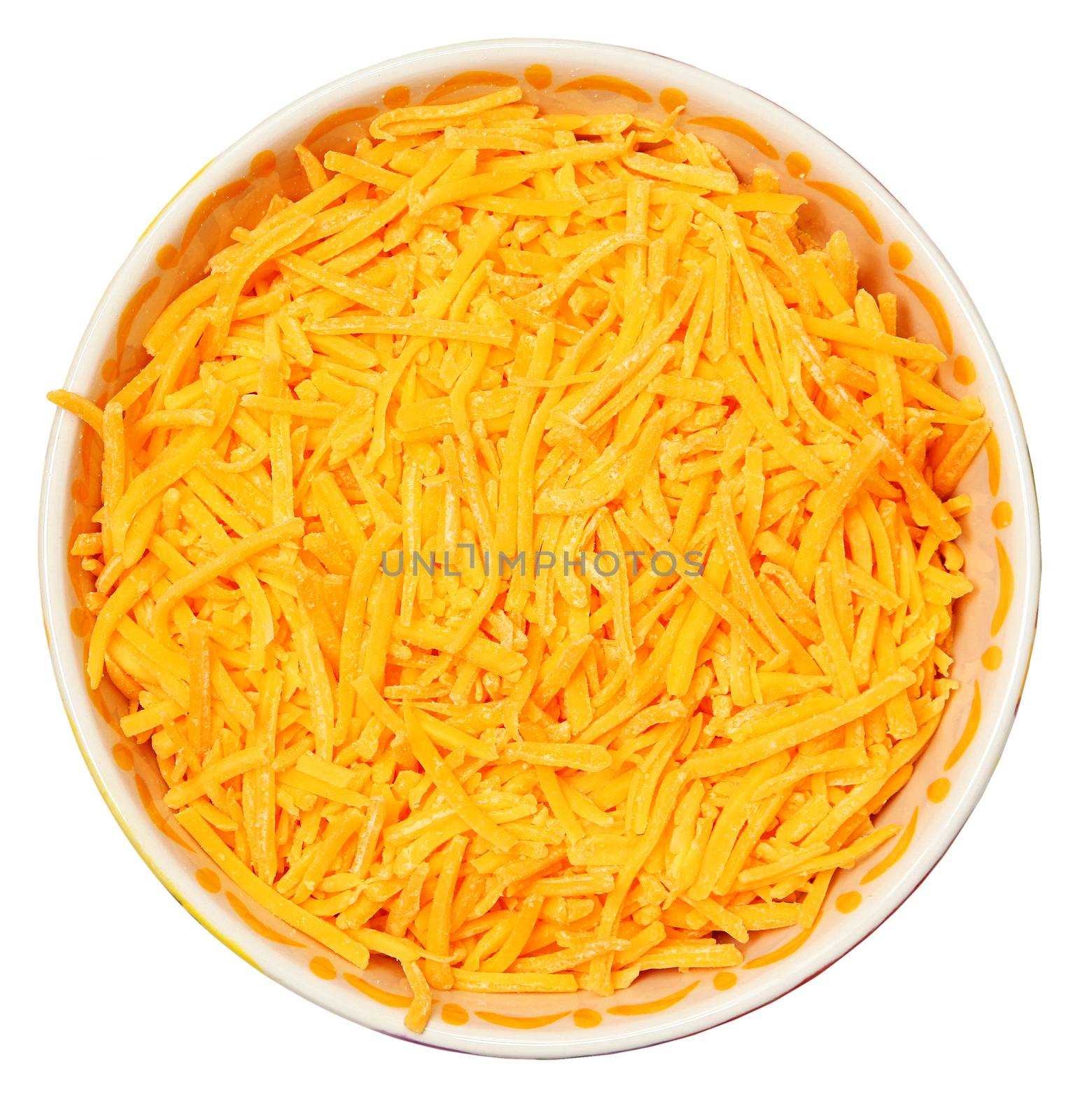 Bowl of Shredded Cheddar Over White by duplass