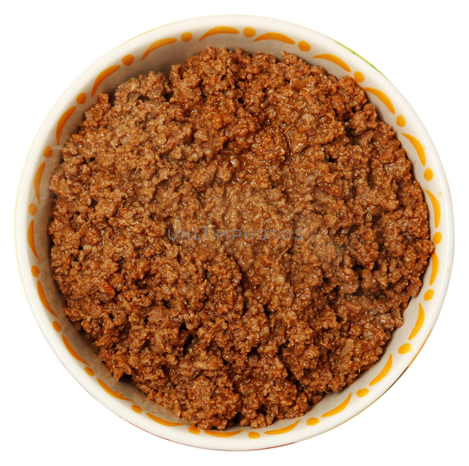 Bowl of Cooked Ground Beef Over White Background