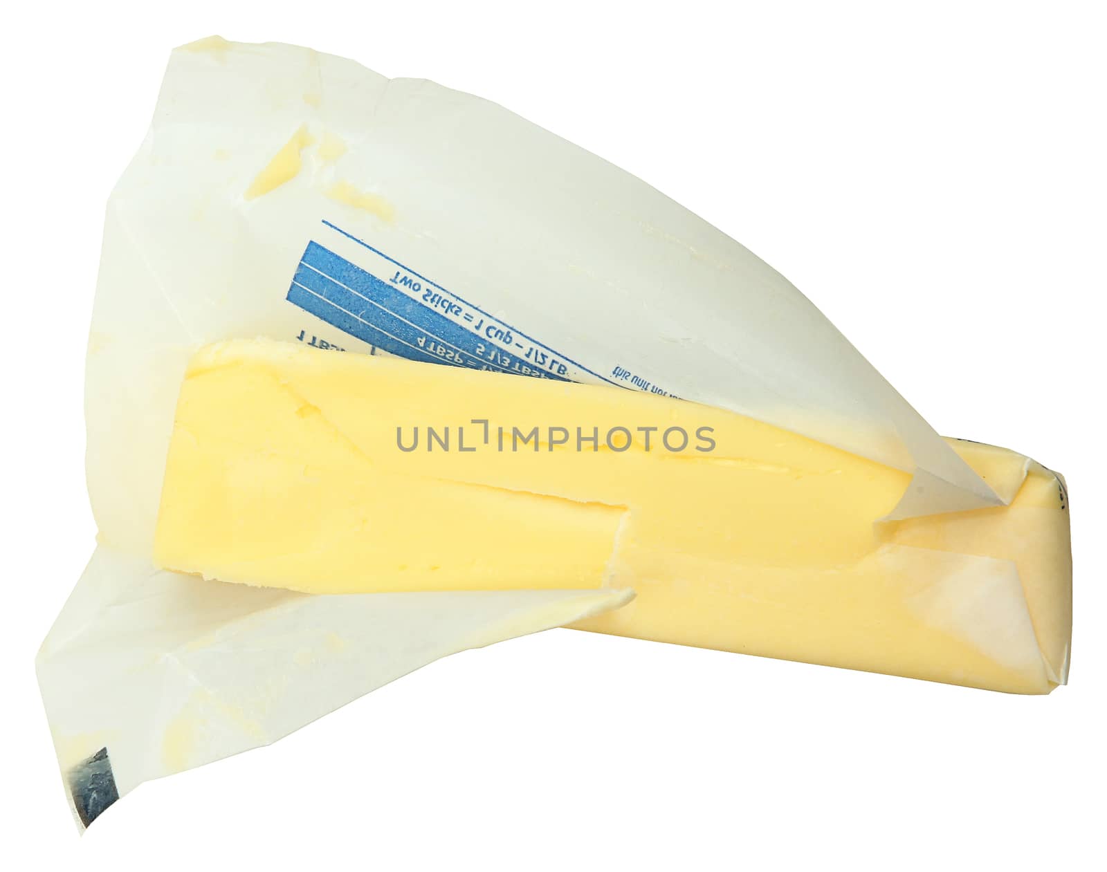 Stick of Butter in Paper Unwrapped Over White Background