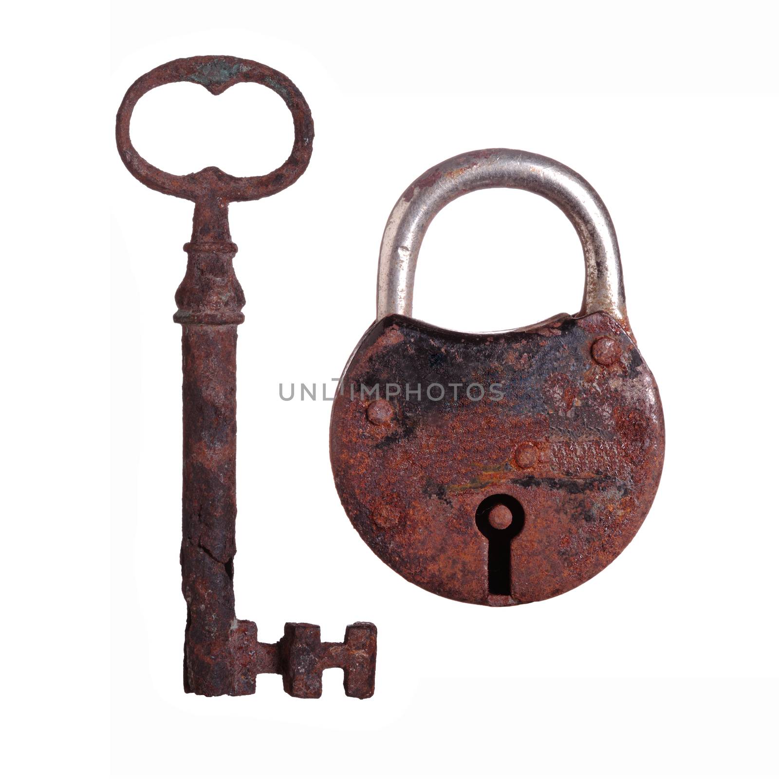 old and rustic padlock and key Isolated on white