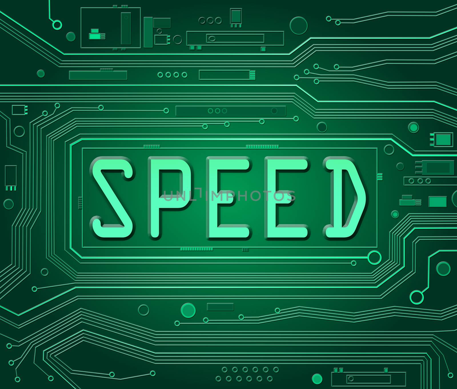 Abstract style illustration depicting printed circuit board components with a speed concept.