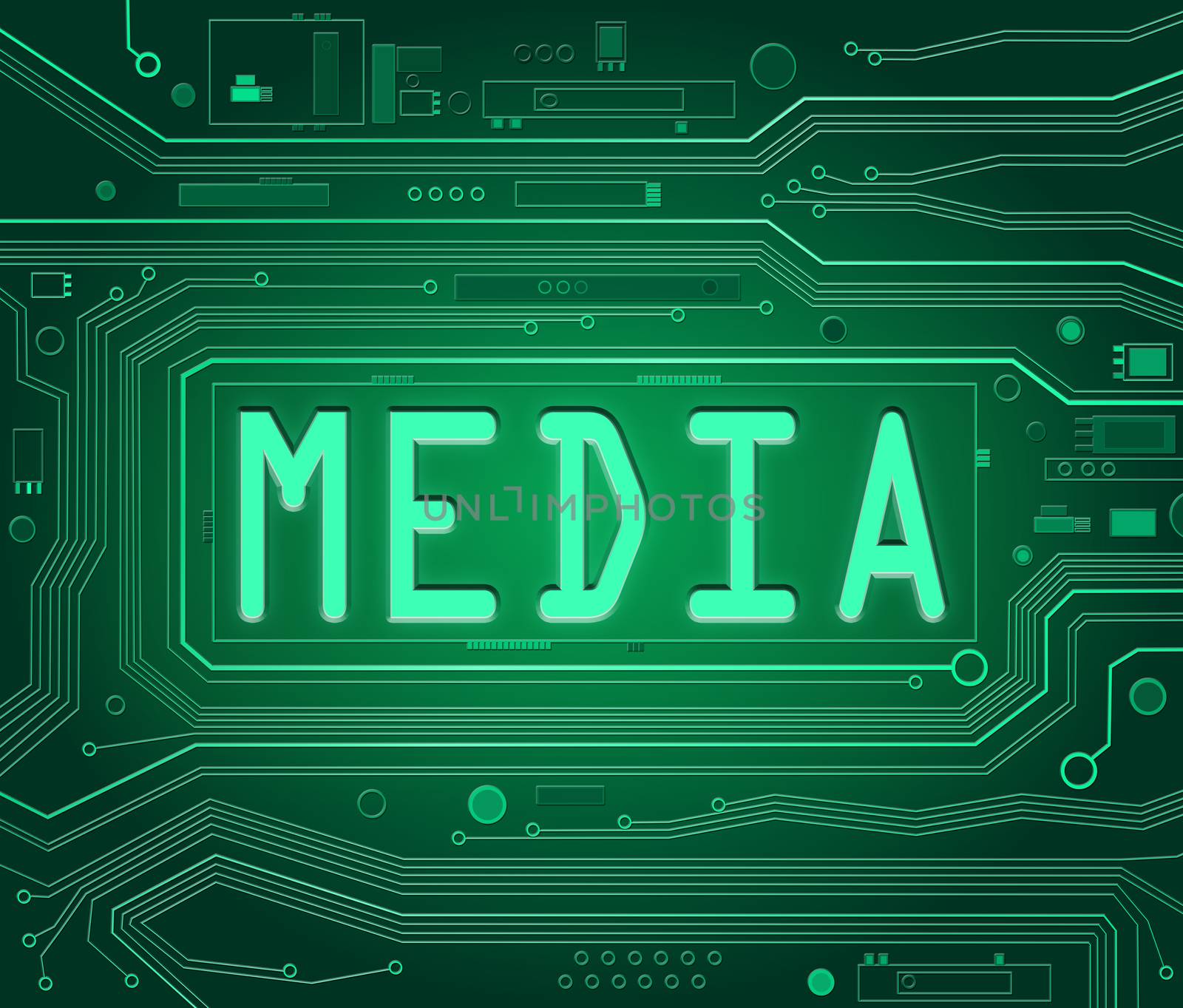 Abstract style illustration depicting printed circuit board components with a media concept.