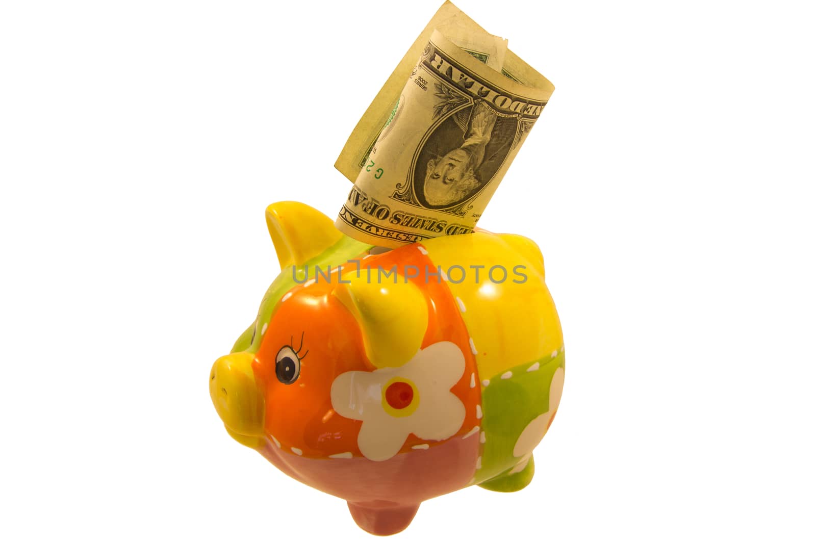 Piggy bank and a dollar note over white by huntz