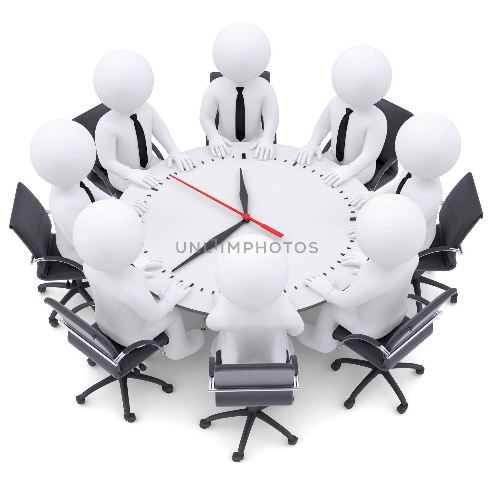 3d white people sitting at the round table. On the table a large clock. The concept of time