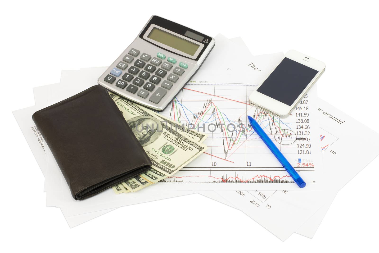 Calculator, money, phone, wallet on papers by cherezoff