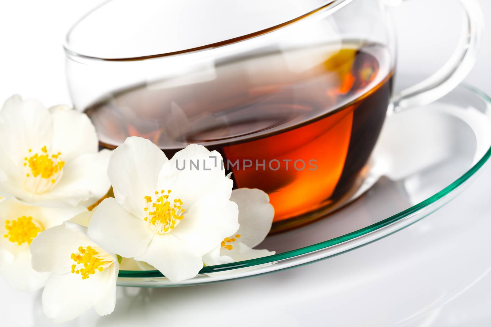 Jasmine tea with jasmine herb flower on white background 