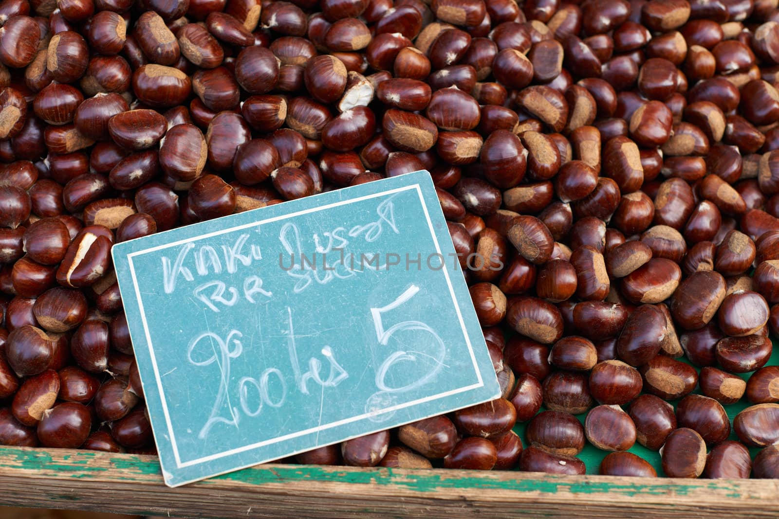 Chestnuts for sale on Provence market, South France, Luberon region