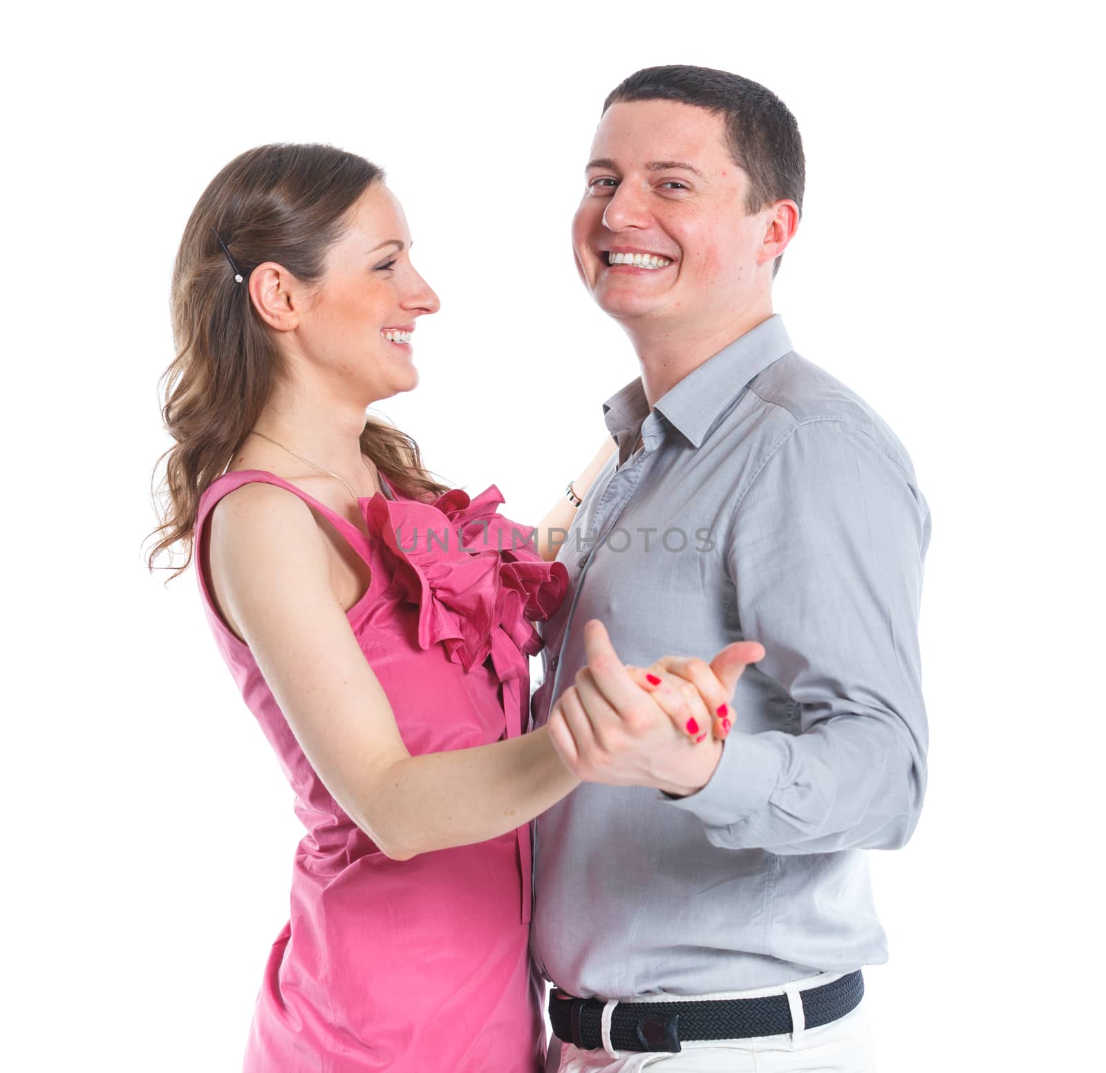 Portrait of happy couple. Attractive man and woman being playful. Isolated on white background.