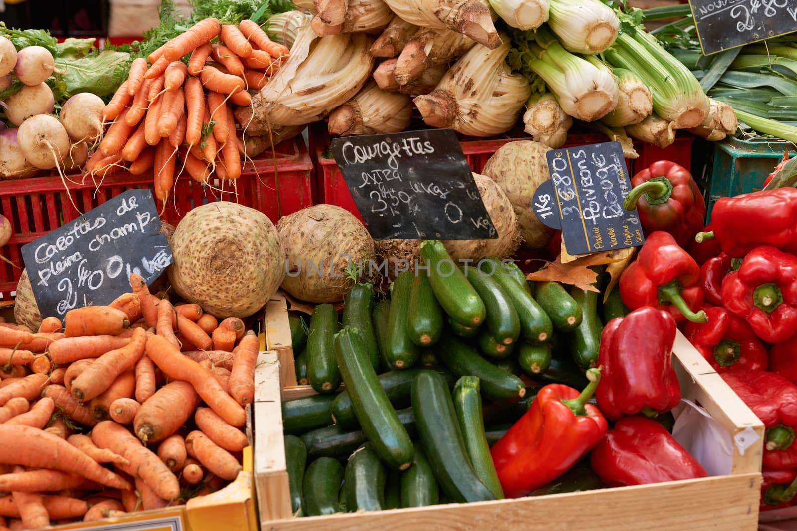 Fresh vegetables on market stall of Provence, South France, luberon region