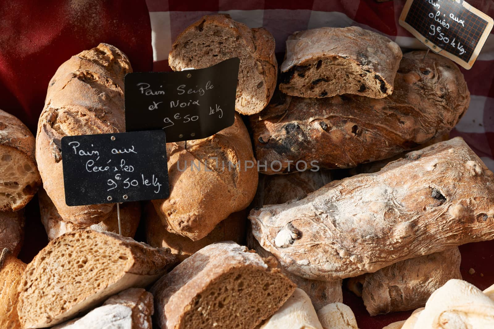 Random sorts of traditional french Provence bread for sale ot South France market, Luberon region