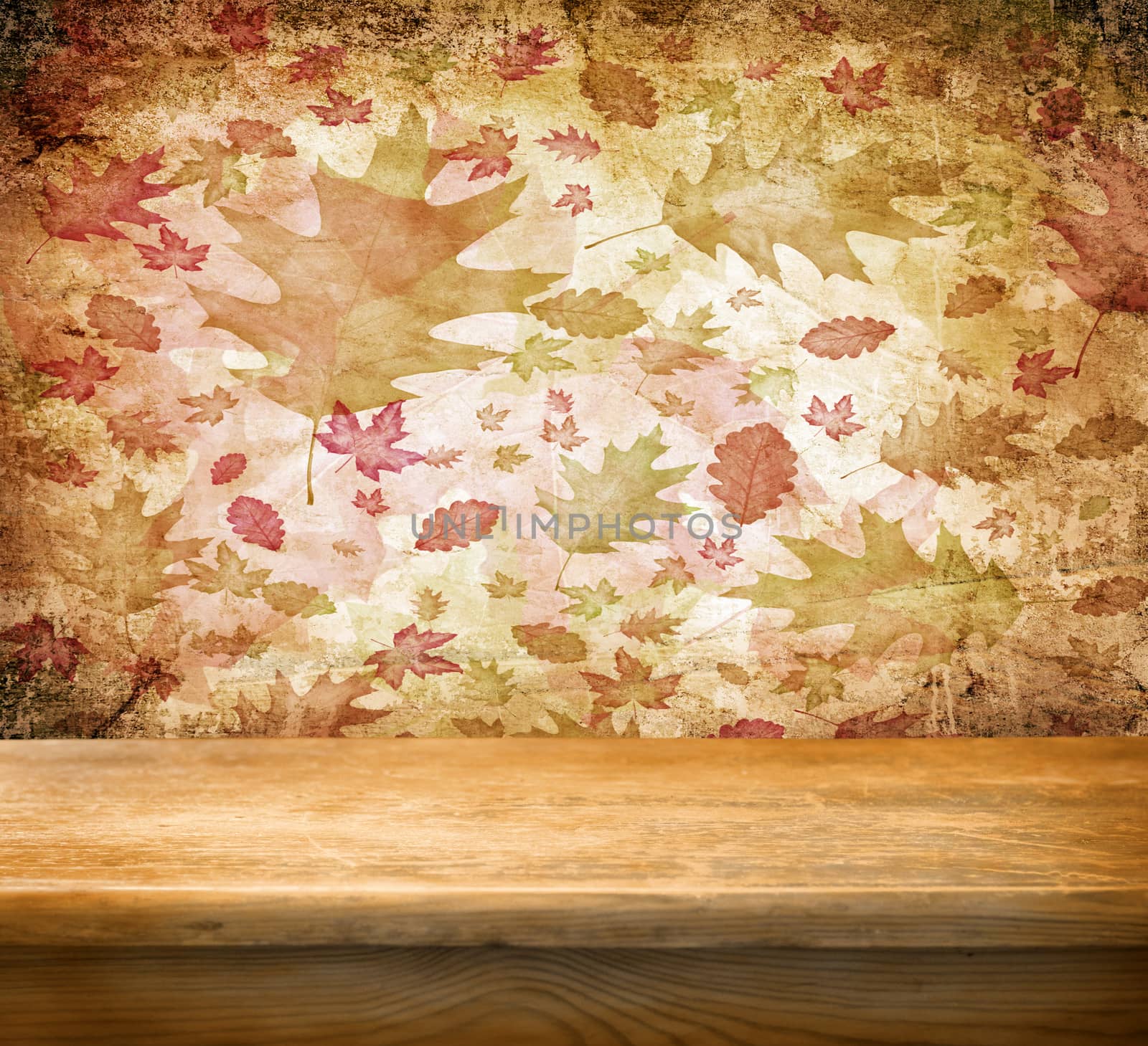 Empty wooden deck table with autumn background. Ready for product display montage.