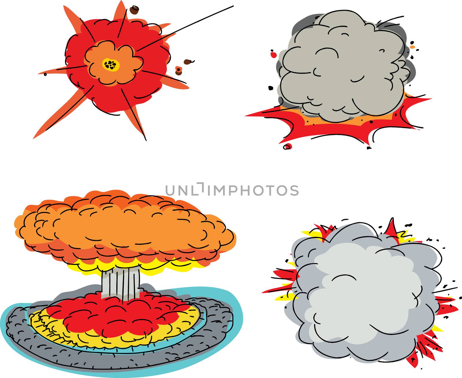 Set of four cartoon explosions over white background