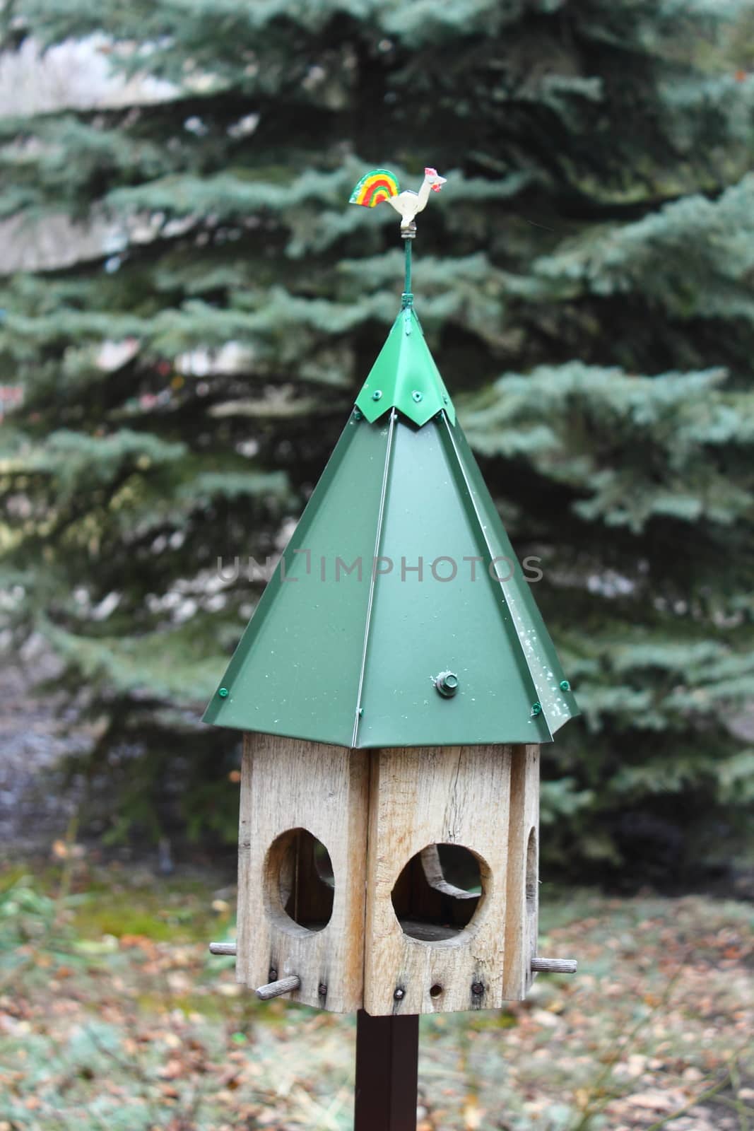 Bird feeders made ??of wood in the form of a fabulous house on a background of trees