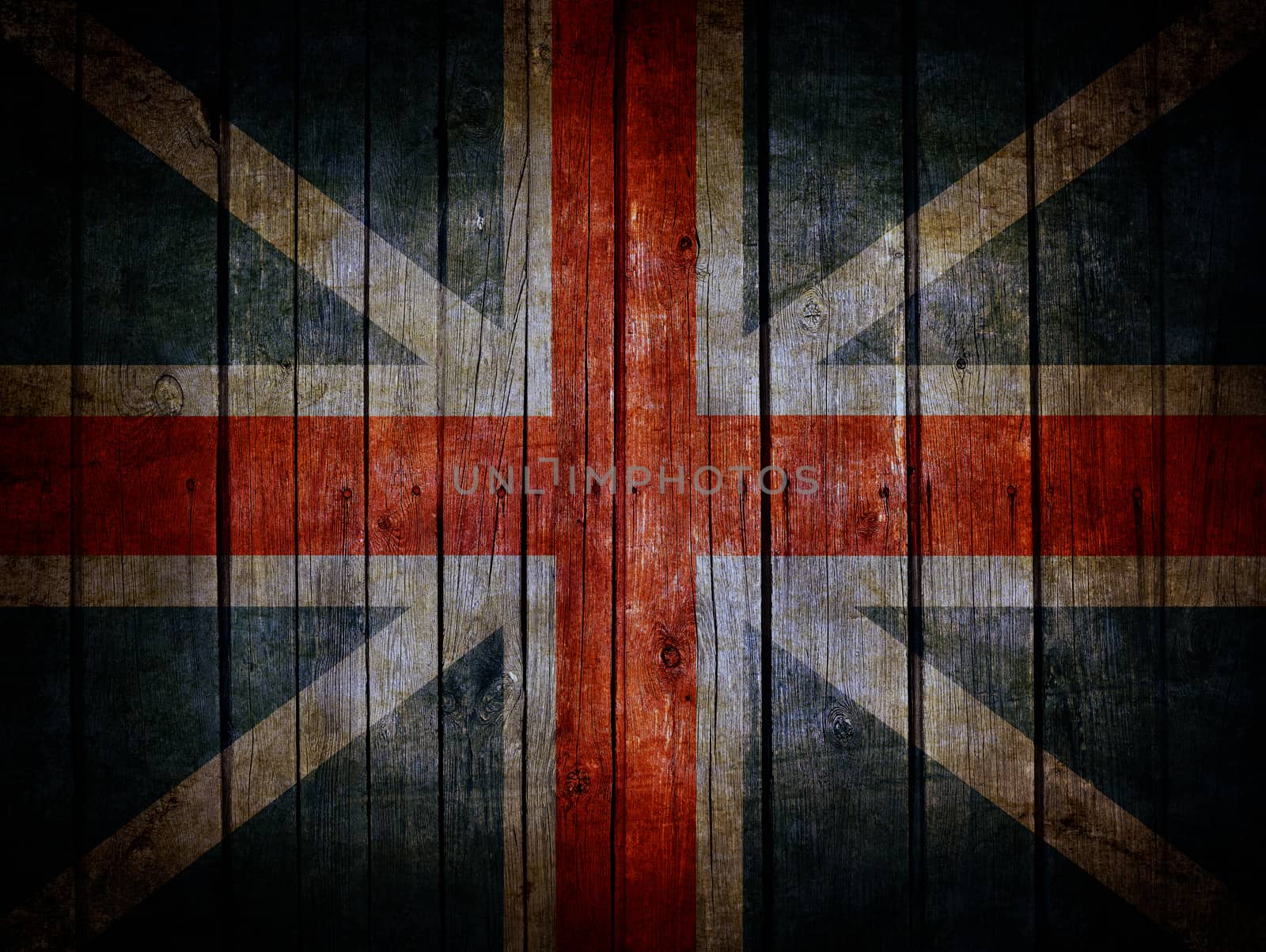 England flag painted on very old dark brown wooden planks background