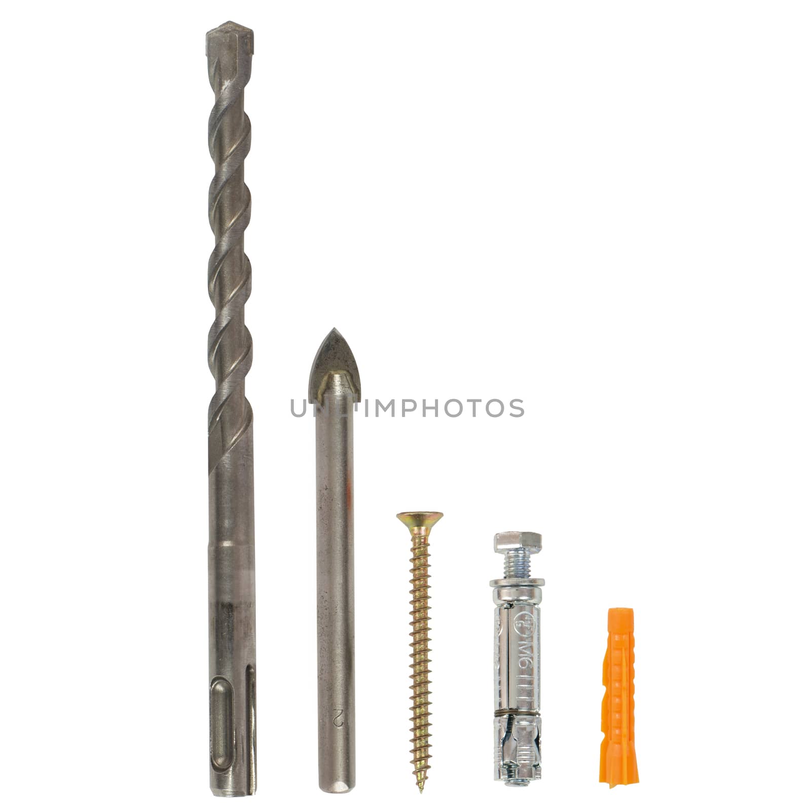 Drills, screw, dubel. Isolated on white background