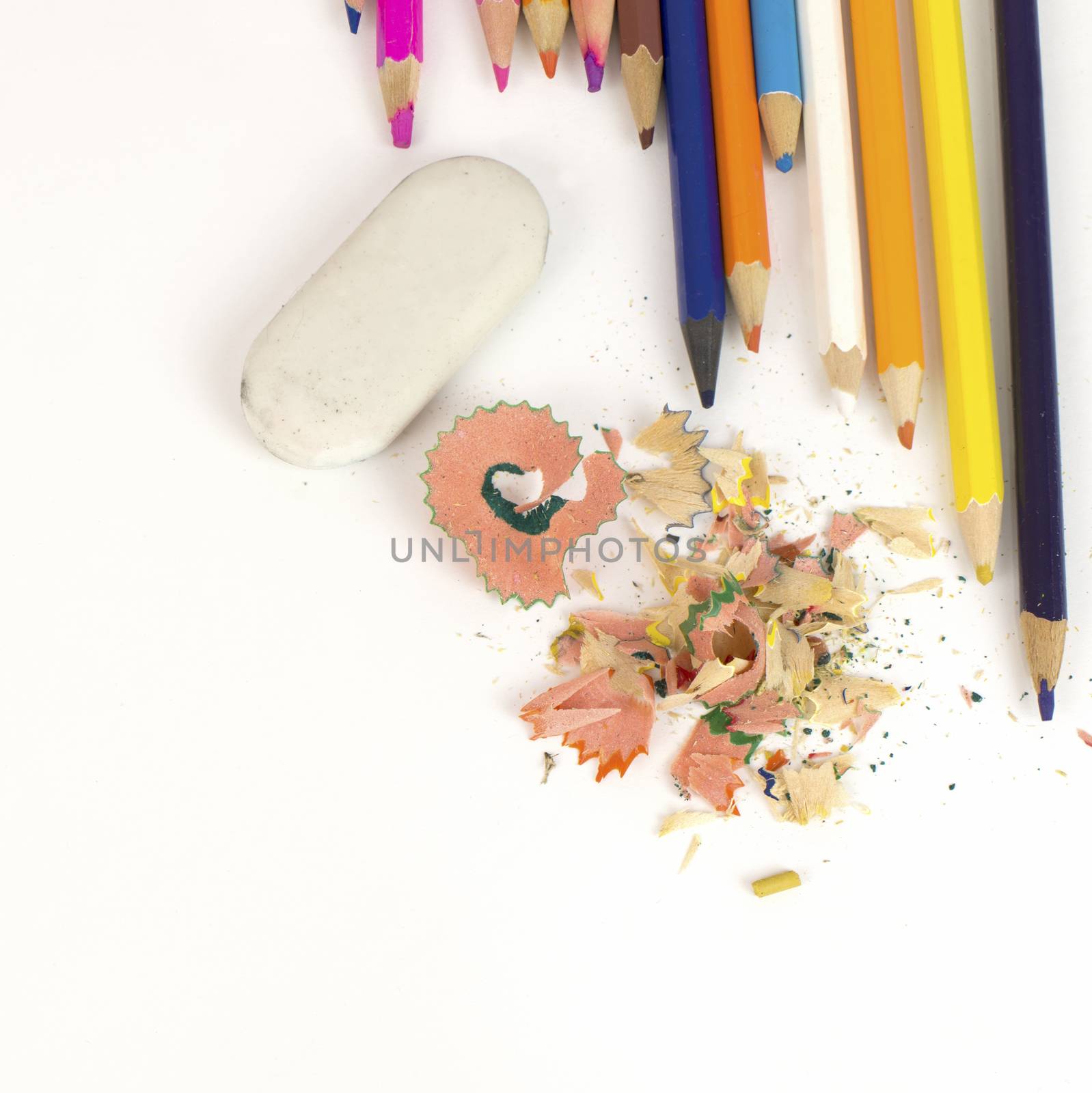 Color pencils, shavings and eraser by cherezoff