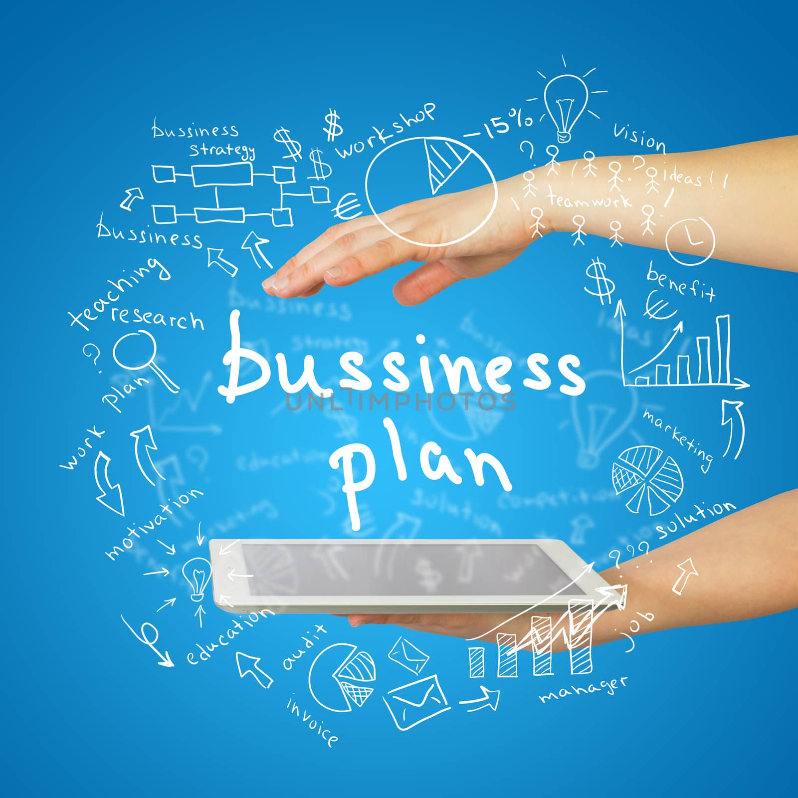 Hands, tablet and sketches business plan by cherezoff