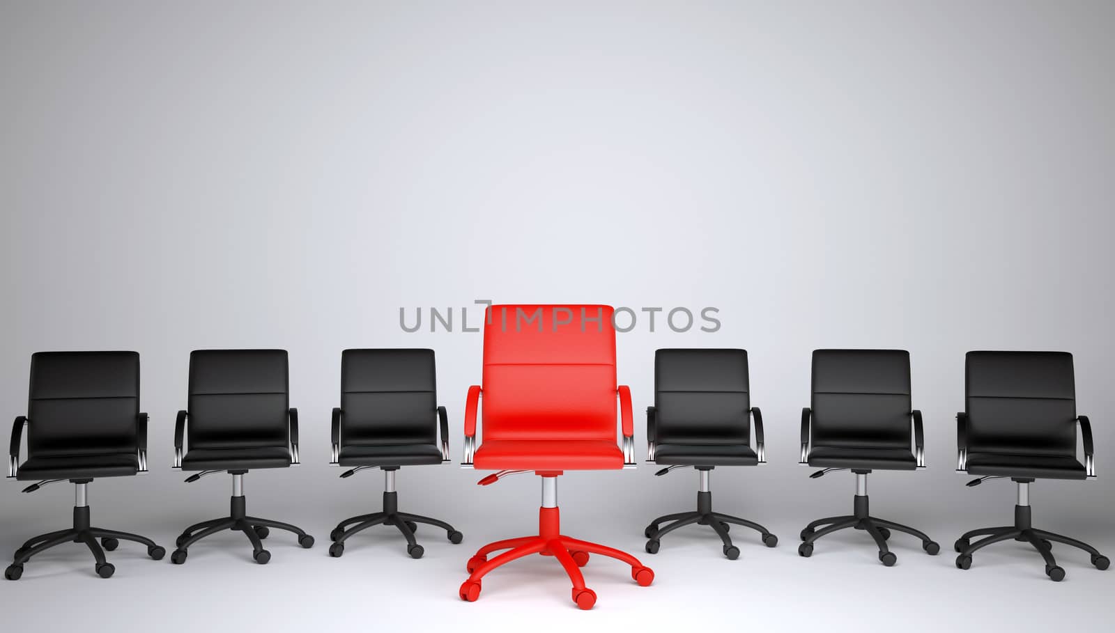 Series of black and one red office chair on a gray background. The concept of a leader