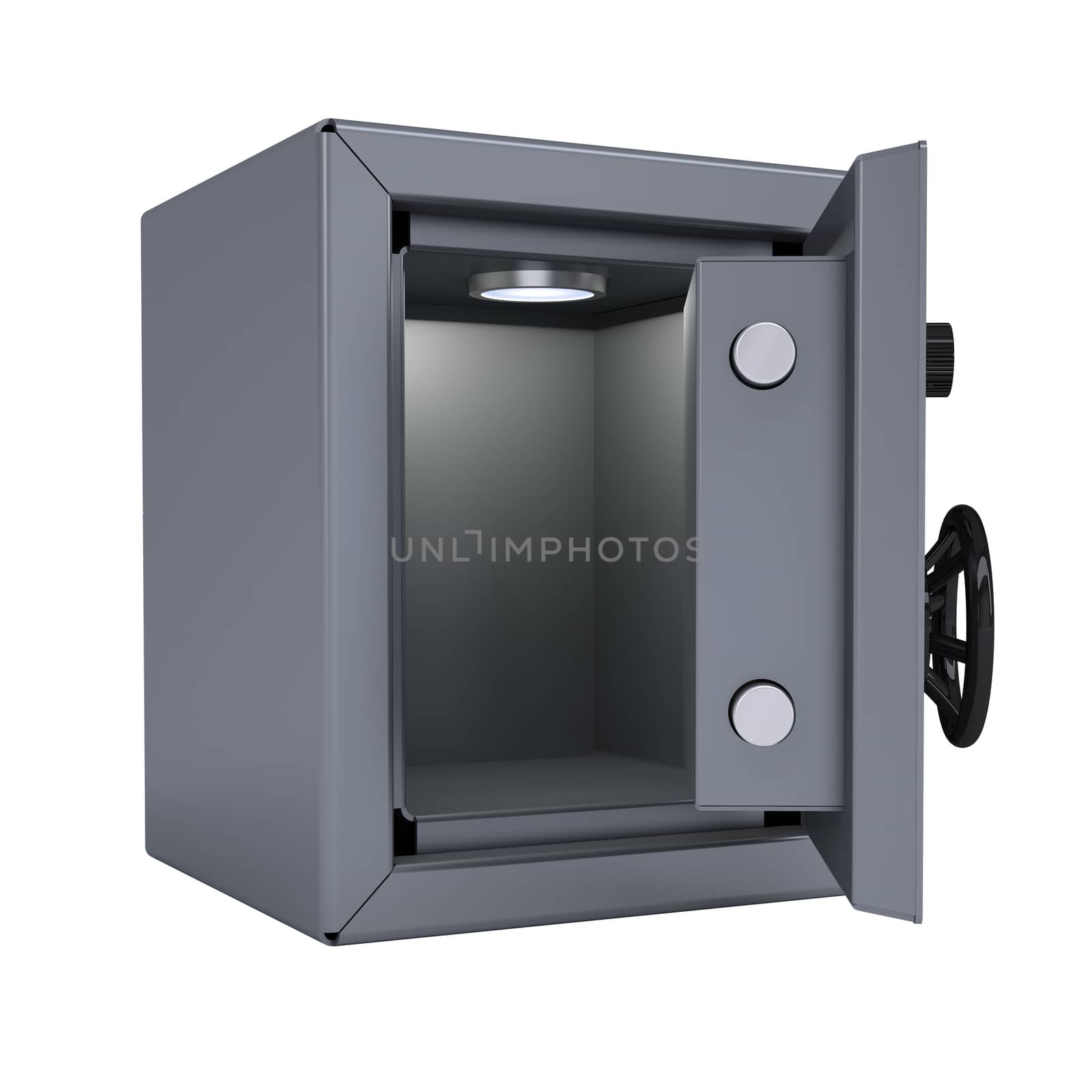 Opened metal safe. Isolated render on a white background